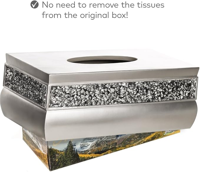 Crackled Glass Silver Tissue Box Cover Rectangular - Decorative Bling Tissue Box Holder With Beautiful Mosaic Glass - Elegant Tissue Holder For Bathroom With Durable Bottom Slider (Silver Collection)