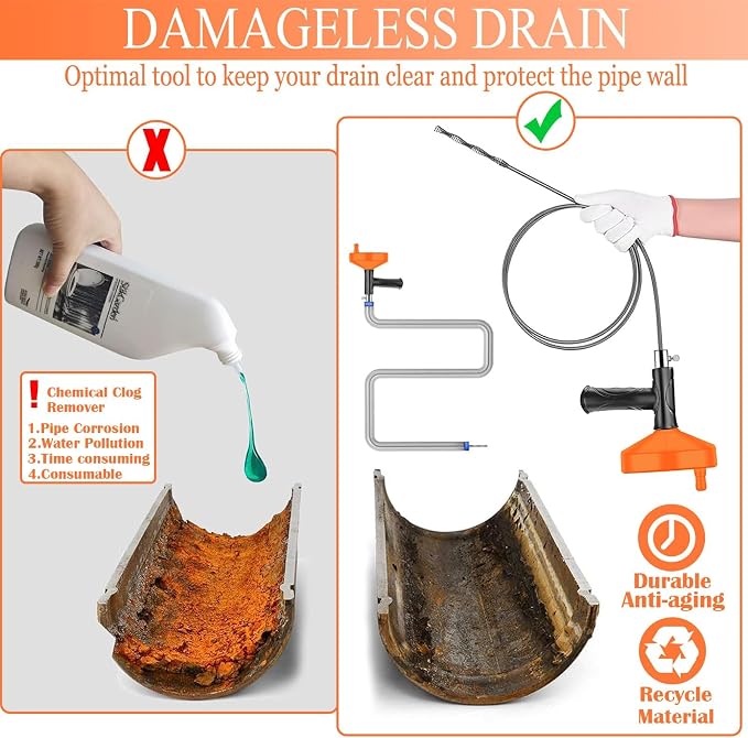 Drain Snake Auger, 33 FT Plumbing Snake Drain Hair Clog Removal Tool, Sink Unclogger Drain, Heavy Duty Snake Auger, Cleaner Tool for Bathroom Kitchen Tub Shower Drain Clog Remover with Gloves