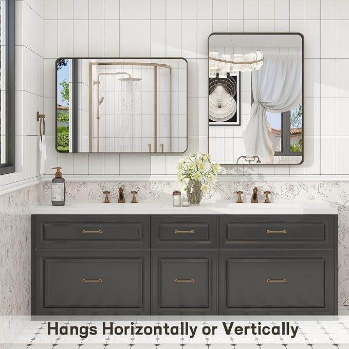 28x36 Inch Bronze Framed Bathroom Mirror | Brushed Bronze Metal Frame, Rounded Rectangle Vanity Mirror, Tempered Glass, Anti-Rust, Shatterproof (Horizontal/Vertical)