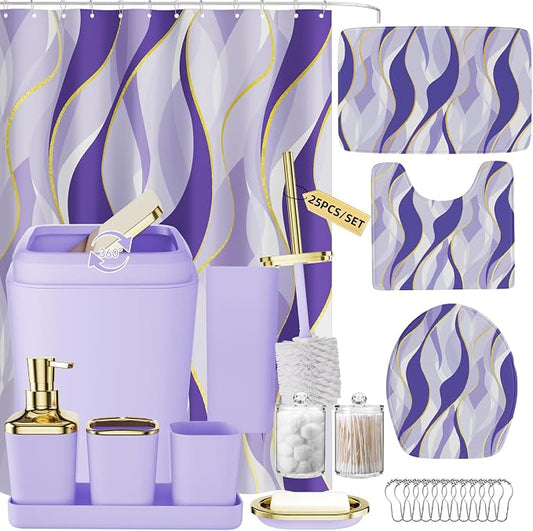 XLHOMO Bathroom Set - Purple and Gold Bathroom Accessories, Bathroom Sets with Shower Curtain and Rugs, Purple Shower Curtain Set with Bathroom Trash Can, Soap Dispenser, Soap Dish for Home Decor