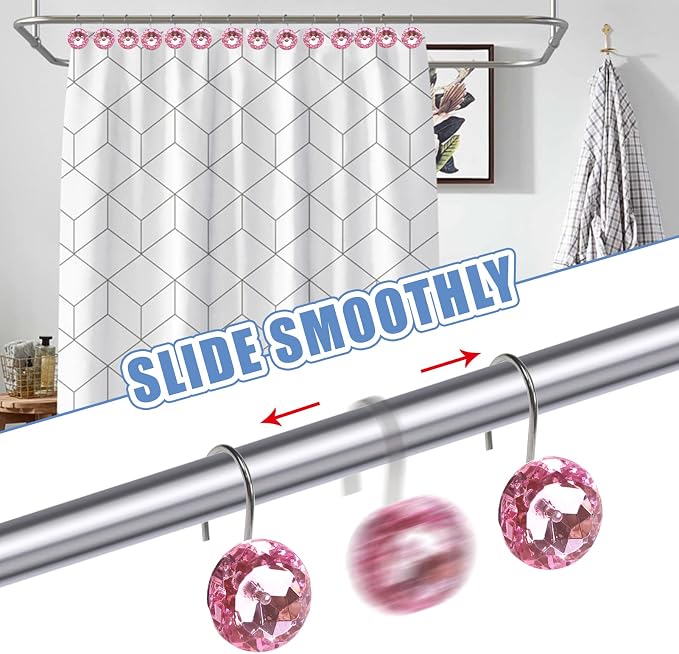 TOAOB 12pcs Pink Shower Curtain Hooks Rings Rust Proof Stainless Steel for Bathroom Curtains Rod Diamonds Rhinestone Decorative Round for Bathroom Curtain Shower Rod Accessories