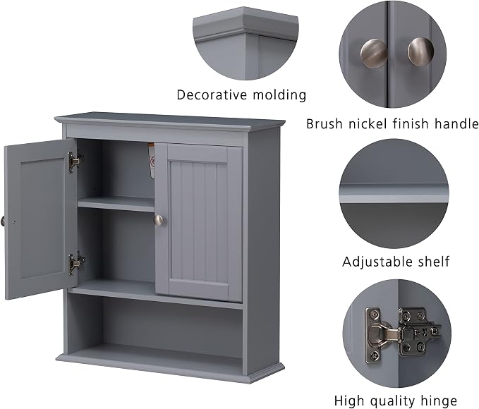 Spirich Bathroom Medicine Cabinet Over Toilet, Wall Mounted Cabinet, Gray | FSC-Certified Engineered Wood, Hidden & Open Storage, Adjustable Shelf, Modern Beadboard Design for Bathroom Kitchen Laundry