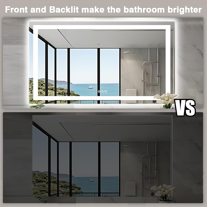 EchosLife 60"x36" LED Mirror for Bathroom | Backlit + Front Lit, Anti-Fog, Stepless Dimmable, 3 Colors, Memory, Tempered Glass, UL Listed, Horizontal/Vertical