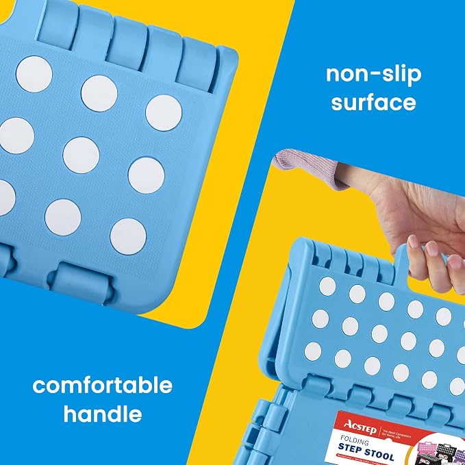 11 Inch Folding Step Stool for Kids, Non-Slip Foldable Stools, Blue | Heavy Duty Collapsible Foot Stool, Lightweight with Built-in Handle, Holds 300 lb for Adults Kitchen Bathroom Bedroom Outdoor