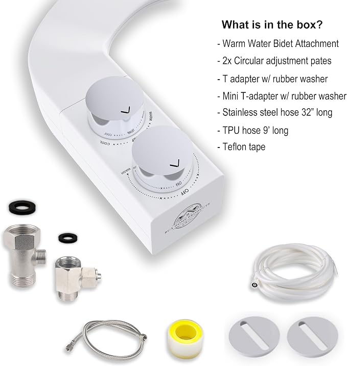 BIDETbidet Left/Right Reversible WARM WATER Ultra-Slim Bidet Attachment with Temperature Control, Interchangeable Knob Set, Hinged Nozzle, Non-Electric, Easy Install, Fits Most Toilets, Off-White