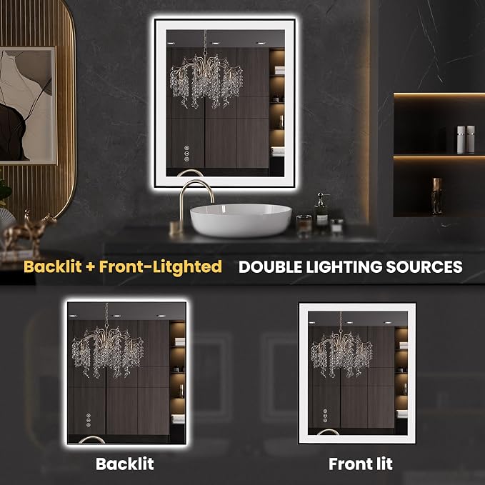 LOAAO 30"X36" LED Bathroom Mirror Black Framed | Anti-Fog, Dimmable, Memory Function, Tempered Glass, Lighted Vanity Mirror for Wall