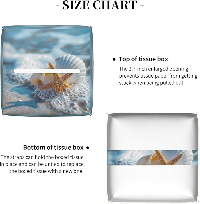 Shells Starfish on Beach Tissue Box Cover Square,Summer Ocean Shells Starfish Tissue Box Holder Waterproof Leather Facial Paper Organizer Dispenser for Bathroom Home Car Nightstand Vanity Desk