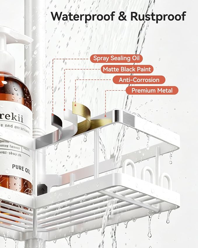 Corner Shower Caddy Tension Pole, 25.7-109.1in Adjustable Shower Shelves, Rust-Resistant Shower Organizer, No-Drill 3-Step Installation, Bathroom Shelves for Renters & Family, White