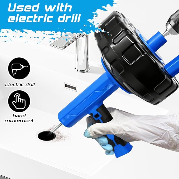 25FT Auto Feed Drain Snake Auger Drill or Manual Hair Clog Remover | 25FT flexible drain snake with auto feed retract, supports drill or manual use, for bathroom sink shower hair clog removal