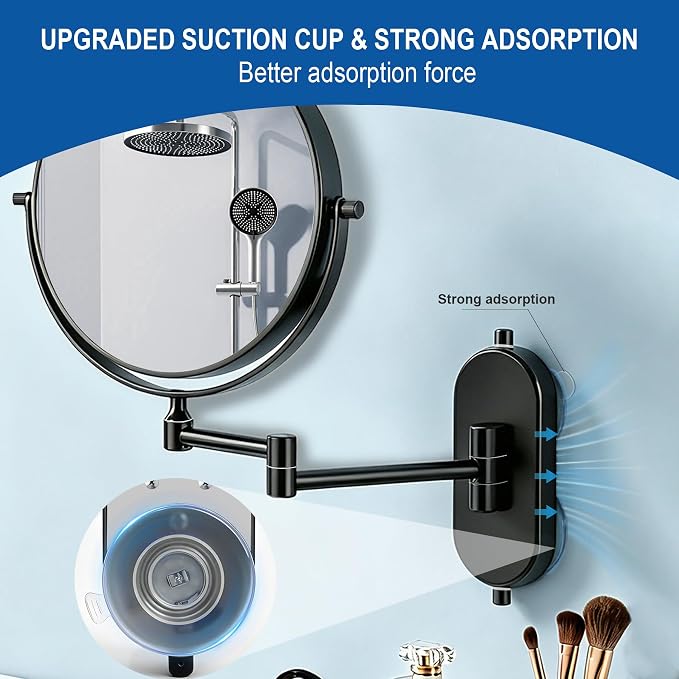 8“ Suction Cup Makeup Mirror Wall Mounted No Drilling, 1X/10X Magnifying Mirror Wall Mounted Makeup Mirror Swing Arm 360° Rotation, Wall Mount Powerful Suction Cup for Bathroom & Shaving Black