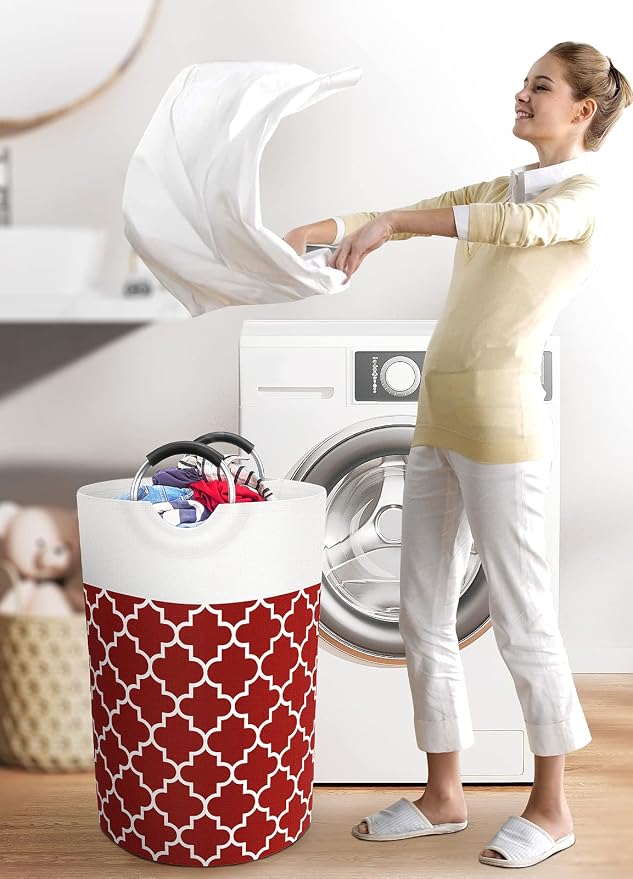 Large Laundry Basket Laundry Hamper Bag Washing Bin Clothes Bag Collapsible Tall with Handles Waterproof Travel Bathroom College Essentials Storage for College Dorm, Family (Red) 75L | Freestanding Laundry Hamper, Waterproof Dirty Clothes Storage Bag f...