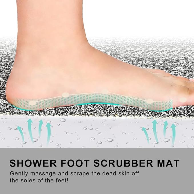 0.6" Extra Thick Non Slip Shower Mat, PVC Loofah Shower Mat with Drain, Quick Drying Bath Mat for Inside Shower, Bathtub Mats Foot Scrubber for Elderly, Bathroom, Kitchen, Wet Areas(Grey 16x27)