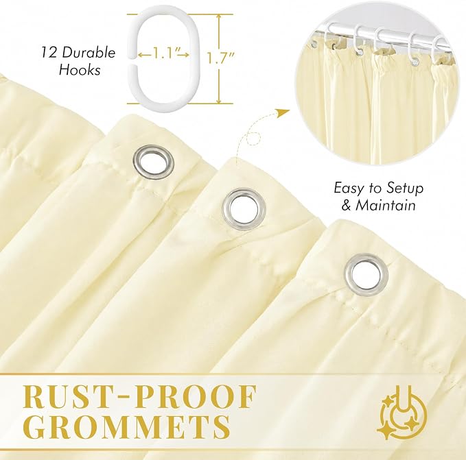LIPA Extra Long Boho Shower Curtain Rustic Ruffle Shower Curtain with Ruched & Bow Vintage Farmhouse Shower Curtains for Bathroom Bohemian Bathroom Decor(Barely Butter,72x84 Inches)