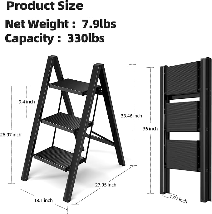 HillhutApex Aluminum Step Stool Foldable,3 Step Ladder (Black) | Lightweight Portable step ladder with Anti-Slip Wide Pedal,330lbs Capacity Ladder for Household,Office,Kitchen