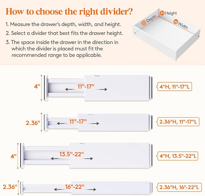 Lifewit 4" High Upgrade Drawer Divider, Adjustable Drawer Organizer Clothes | 4 Pack 11"-17" Expandable White Plastic Drawer Separator for Dresser, Kitchen, Closet, Nursery, Office Organization & Storage