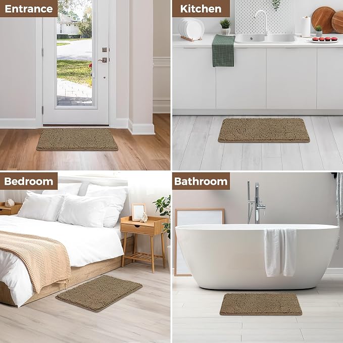 Bcoimo Bath Rug Mat,30x20 Chenille Non Slip Tan Bathroom Floor Shower Mats | Extra Soft Bathroom Rugs;Non Slip with Rubber Backing Bath Mats;High Absorbent And Quick Dry Microfiber mat; Machine Washable
