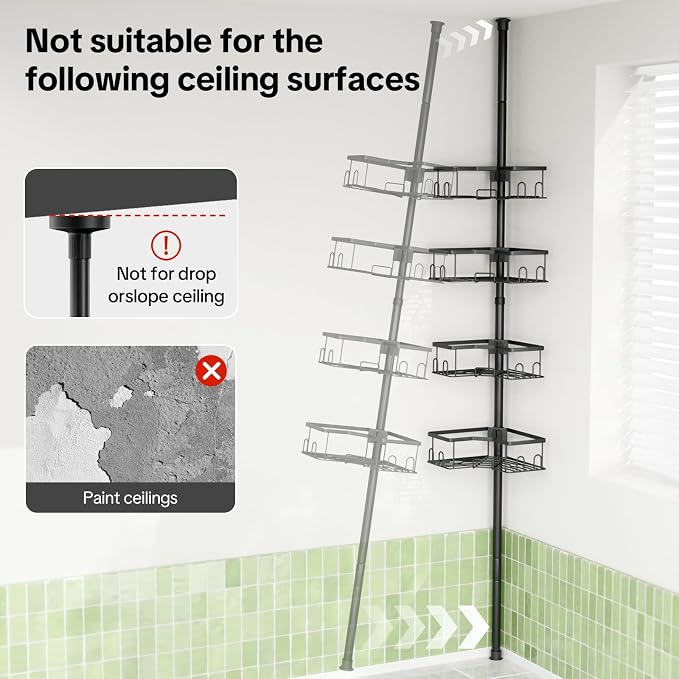 Corner Tension Pole Shower Caddy, 4 Tier Rustproof Shower Tension Rod Organizer with Soap Holder & Hooks, Adjustable 34-125 Inch Bathroom Shelf for Renters - Family Stand Storage Rack, Black