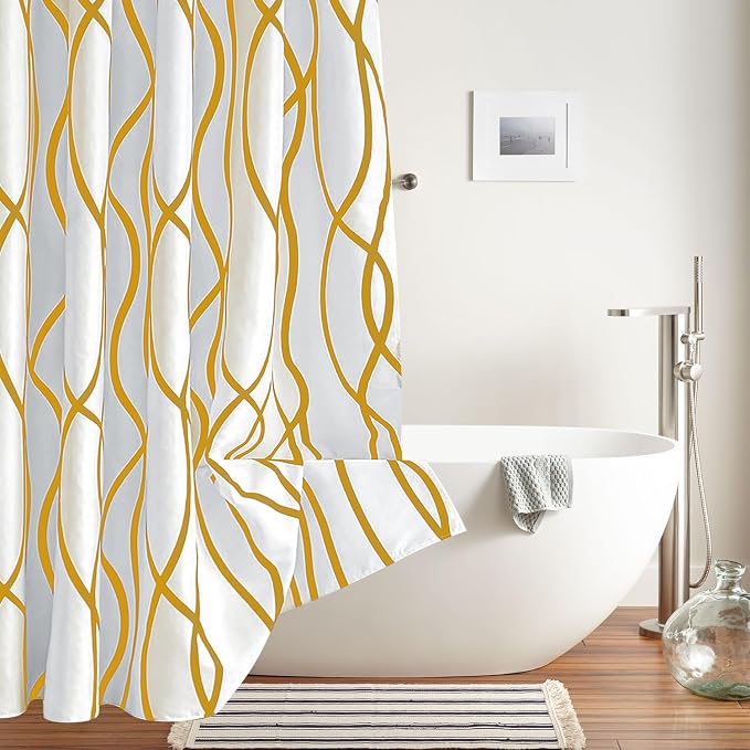 Biscaynebay Extra Long Textured Fabric Shower Curtain 72 W x 84 L, Gold Striped Printed Linen Modern Hotel Luxury Quality Cloth Bathroom Curtains Machine Washable