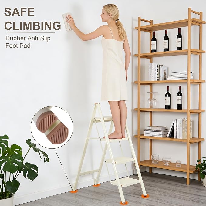 Valeo 4 Step Ladder,Lightweight Folding Step Stool with Wide Anti-Slip Pedal, 330LBS Capacity, Heavy Duty,Sturdy Iron Metal Step Stool for Home, Kitchen, Closet, Adults, Cream White