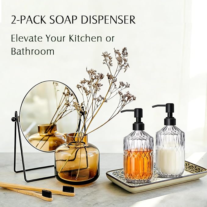 COHOSEGE 17 Oz Clear Glass Kitchen Soap Dispenser for Dish Soap, 2 Pack Bathroom Soap Dispenser Set with Black Rust Proof Pump for Lotion, Hand soap or Body Wash