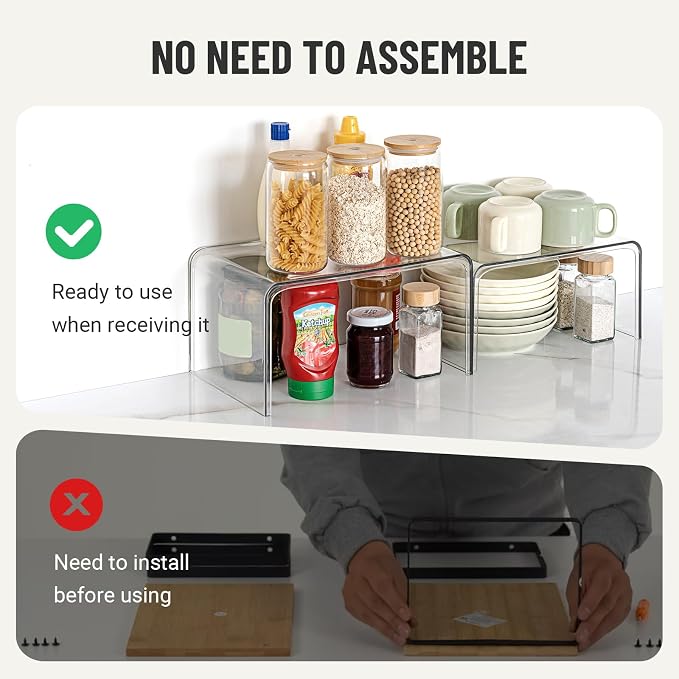 Bobomoment Clear Cabinet Organizer, Stackable Shelf Organizer Set of 4 | Kitchen Pantry Organizers and Storage, Display Cabinet Shelf Countertop Desk Shelves, Patented Spice Organization