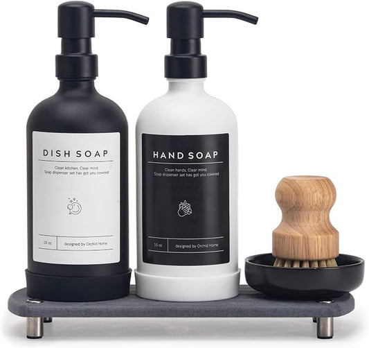 [Luxury] Kitchen Soap Dispenser Set - 16OZ Glass Bottle, Stainless Steel Pump, Instant Dry Tray, Waterproof Labels, Non-Slip Silicone Pad, and Dish Brush | Upgrade for Your Kitchen and Bathroom