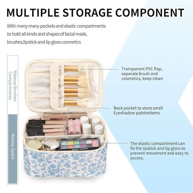 Makeup Bag Portable Cosmetic Bag For Women, Large Capacity Travel Makeup Case Organizer, Toiletry Bag for Girls Traveling With Handle and Divider-Flowers