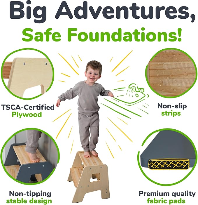 2-Step Wooden Toddler Step Stool for Bathroom Sink & Kitchen Use -Varnished | Non-slip steps and padded feet for extra stability. Lightweight to carry, safely supports ages 2+ and adults up to 250 lbs.