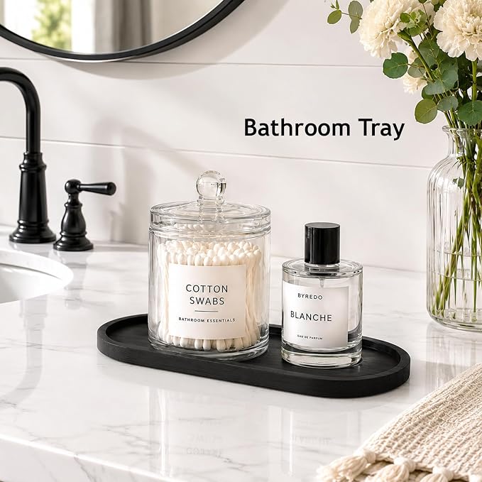 SheeChung Bathroom Counter Tray, Small Bamboo Vanity Tray - 10.3" x 3.6" | 2 PCS Black, Decorative Countertop Organizer for Soap Dispenser, Perfume, Jewelry, Catchall, Makeup, Candle, Coffee Table