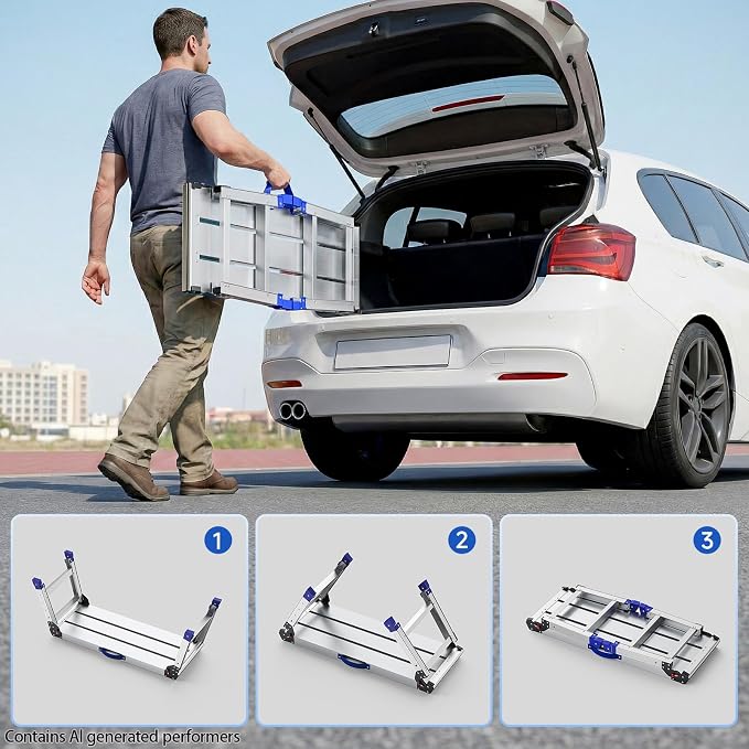 Folding Work Platform for Adults, Portable Aluminum Step Stool 800lb | 14"-19.5" Adjustable Height, 12" x 31.5" Wide Platform for Garage, Painting, Reach High Shelves, Gardening, Car Wash