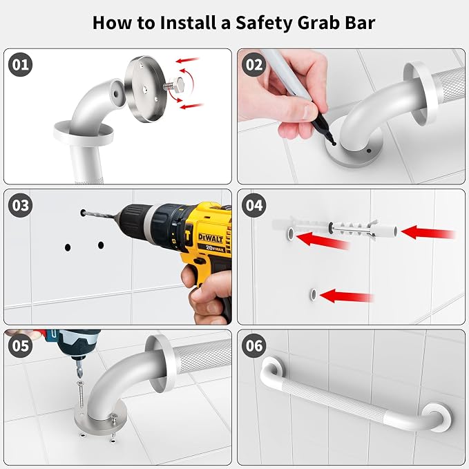 White Grab Bar 24 Inch, Grab Bar for Bathtub and Shower | Anti-Slip Knurled Grip, Stainless Steel, Bathroom Assist Handle Handrail, Handicap Support Bars for Toilet, 1.25" Diameter