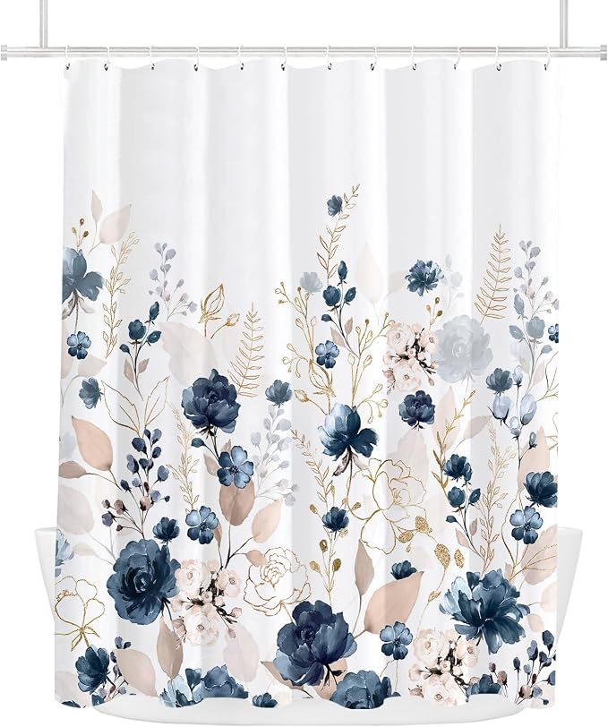Tititex Aesthetic Navy Blue Floral Shower Curtain Sets, Watercolor Gold Flowers Leaves Bathroom Decorative 71x84 Inch Polyester Waterproof Fabric Bath Curtain with Hooks