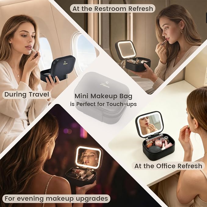 Faquenc Leather Travel Makeup Bag with LED Lighted Mirror Adjustable Brightness in 3 Colors Mini Cosmetic Bag Portable Makeup Pouch Travel Toiletry Bag for Women Instant Touch-up Vanity Black