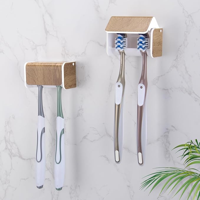 2 PCS Toothbrush Holders Wall Mounted with Cover (2, Wood Grain) | Wall mounted, Detachable, Easy to clean, Breathable, 2 Slots Self Adhesive Toothbrush Organizer for Bathroom