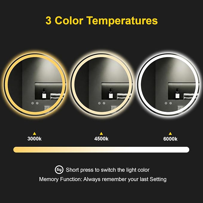 Round LED Bathroom Mirror with Lights, 30 Inch Circle Lighted Vanity Mirror | Anti-Fog, Dimmable 3 Colors, Backlit + Frontlit, HD Shatterproof Tempered Glass, Memory Function