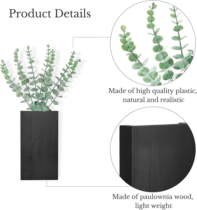 Dahey 2 PCS Wall Planter Vase with Fake Plants for Farmhouse Wall Art Decor | Lightweight Wood, Realistic Artificial Eucalyptus, Cute Hanging Decor for Bathroom Living Room Bedroom Entryway Office, Black