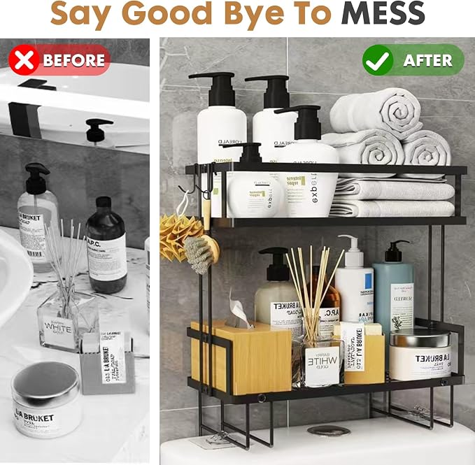 PowerKing Over The Toilet Storage Shelf, 2-Tier Bathroom Organizer, Black | No Drill Installation, Rust Resistant Steel, 2 Hanging Hooks, Toilet Paper Holder, Restroom & Bathroom Space Saver