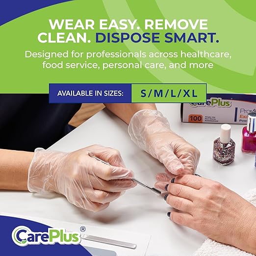 CARE PLUS Vinyl Gloves Clear Medium, Disposable Latex Free, 200 Count | Powder free exam grade protection for food service, salons & housekeeping; ambidextrous, tear resistant, comfortable fit