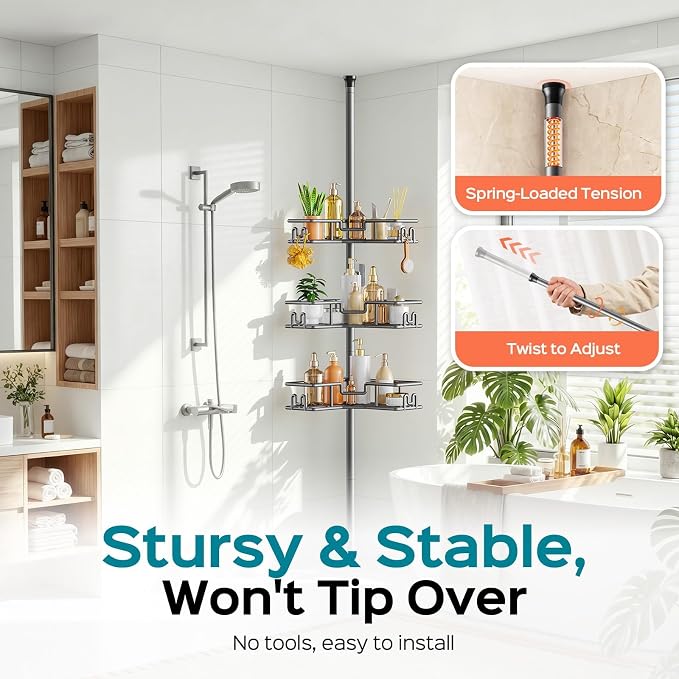 HAMITOR Adjustable Bathroom Storage, 4-Tier Tension Pole Shower Caddy, Gray | Rustproof Floor-To-Ceiling Tension Mounted Shampoo Organizer, No Drilling, Space-Saving Home Essentials For Renters 47-123in