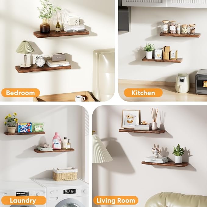 Medium Walnut Finish Floating Shelves with Hidden Bracket, Organic Wavy Edge Wall Shelves, Jointed Solid Pine Construction,Rustic Wall Decor for Living Room & Bathroom (Set of 2-24"