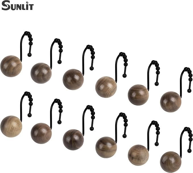 Sunlit Boho Wood Beads Decorative Shower Curtain Hooks, Shower Curtain Rings with Roller Balls, Farmhouse Bathroom Decoration Curtain Hangers Accessories, Set of 12, Walnut Wood