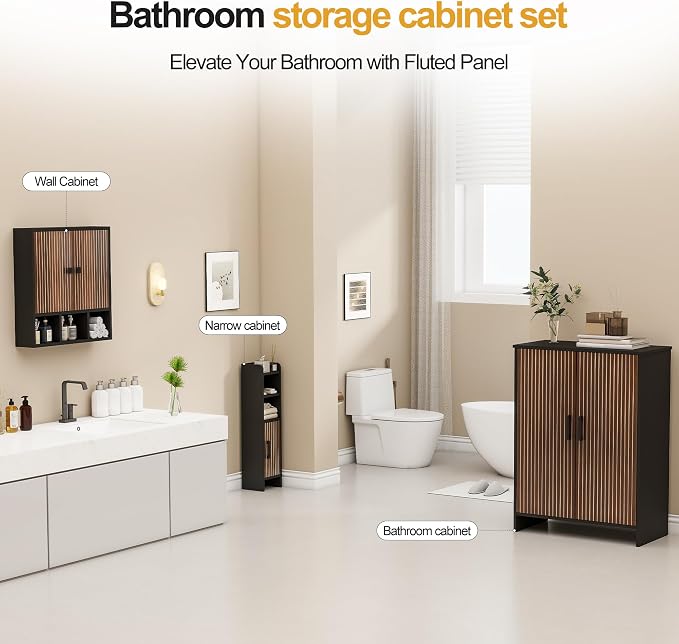 Bathroom Wall Cabinet,Wooden Medicine Cabinet with Fluted Doors Over The Toilet Storage Cabinet with Adjustable Shelf for Bathroom (Black)