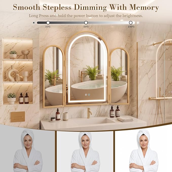 Trifold Vanity Mirrors 3 Way, 30 x 37 in Adjustable Trifold Mirror for Bathroom Bedroom, Decorative Folding 3 Sided Mirror Wall Mounted for Braiding Hair Makeup(Arched,LED, Gold)