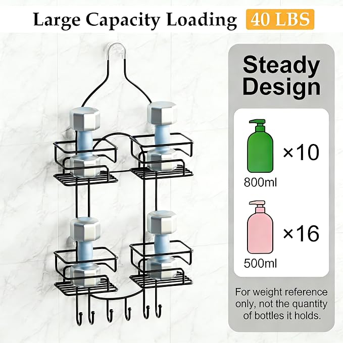 SRIWATANA Shower Caddy Hanging, Shower Organizer with Razor Hooks, Black | Rustproof Shower Rack, No Drilling Shelves Over Shower Head, Anti-Swing Scution Install, Bathroom Holder for Sponge Loofah