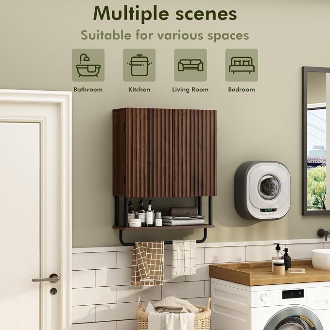 RUSTOWN Fluted Bathroom Wall Cabinet with 2 Doors, 3-Tier Medicine Cabinet | Modern Farmhouse Wall Mounted Cabinets, Over The Toilet Storage Cabinet, Adjustable Shelf and Towel Bar, Medium
