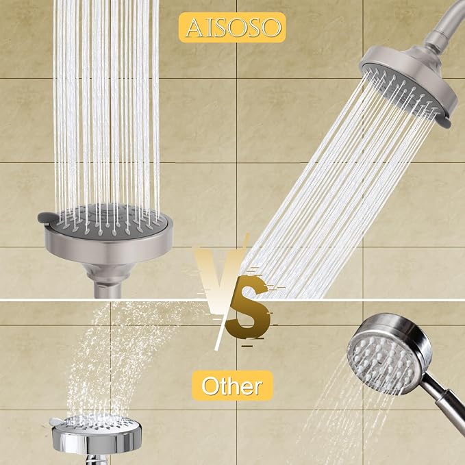 AISOSO High Pressure Rain Shower Head 2PCS 5 Modes 4.1 Inch Brushed Nickel | Low Water Pressure Compatible, Powerful Spray Fixed Showerhead for a Relaxing Indoor & Outdoor Shower