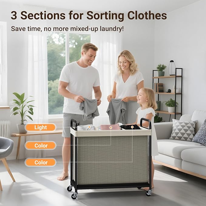 ELYKEN Laundry Hamper 3 Section, 120L Rolling Laundry Sorter with Wheels | Removable Washable Liner Bags, Sturdy Steel Frame and Metal Handle, 3 Compartment Clothes Organizer for Laundry Sorting