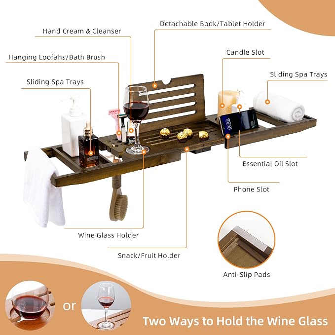 Luxury Teak Bathtub Tray - Foldable Bath Caddy with Expandable Handles, Wine Glass & Phone Holder, Book Stand - Enhance Home Spa Experience with Natural Material - Relaxing & Reading, Light Walnut