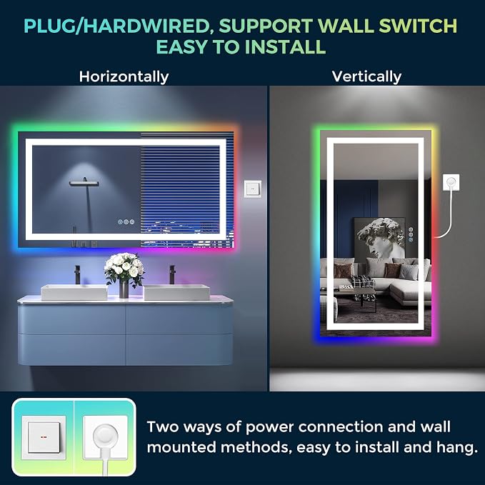 55x30 Inch RGB LED Bathroom Mirror Front Light and RGB Backlit Lighted Vanity Mirror for Bathroom Wall Mounted Dimmable Anti Fog Memory Shatter-Proof IP54 Waterproof Horizontal/Vertical