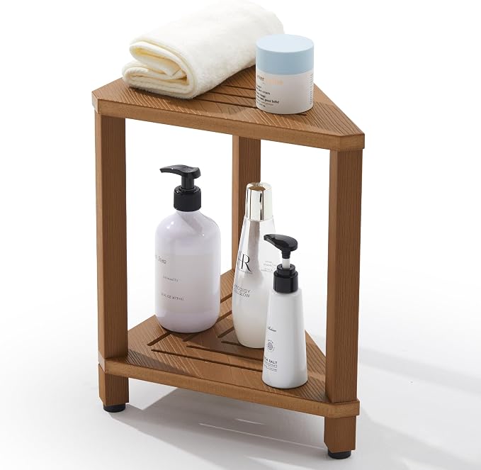 Corner Shower Stool with Storage Shelf, HDPS Waterproof Shower Foot Rest for Shaving Legs, 2-Tier Triangle Bathroom Stool for Inside Shower, Non-Slip Small Shower Bench, Teak Color
